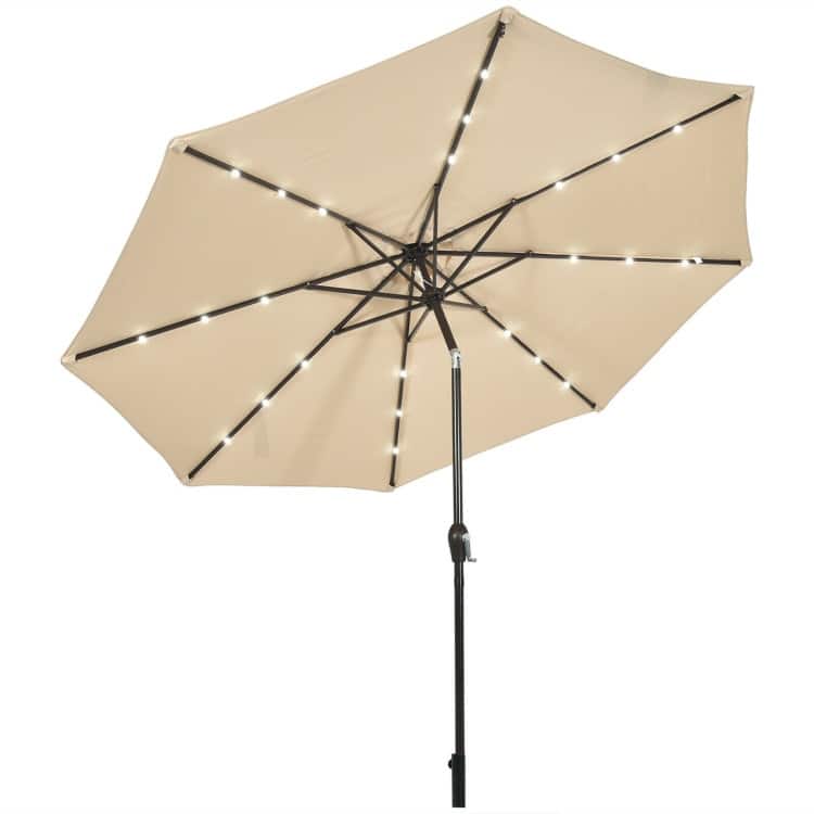 10' Solar LED Lighted Patio Market Umbrella Shade Tilt Adjustment Crank - Beige