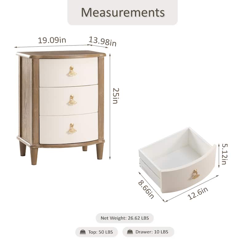 COZAYH Elegant 3-Drawer Nightstand with Gold Leaf Handles, Vintage Curved Front Design, Distressed Finish