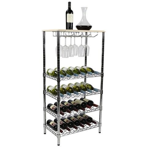 Apollo Hardware Chrome 5-Tier Wire Wine Shelving and Top Wood with Glass Holder 14"x24"x48"