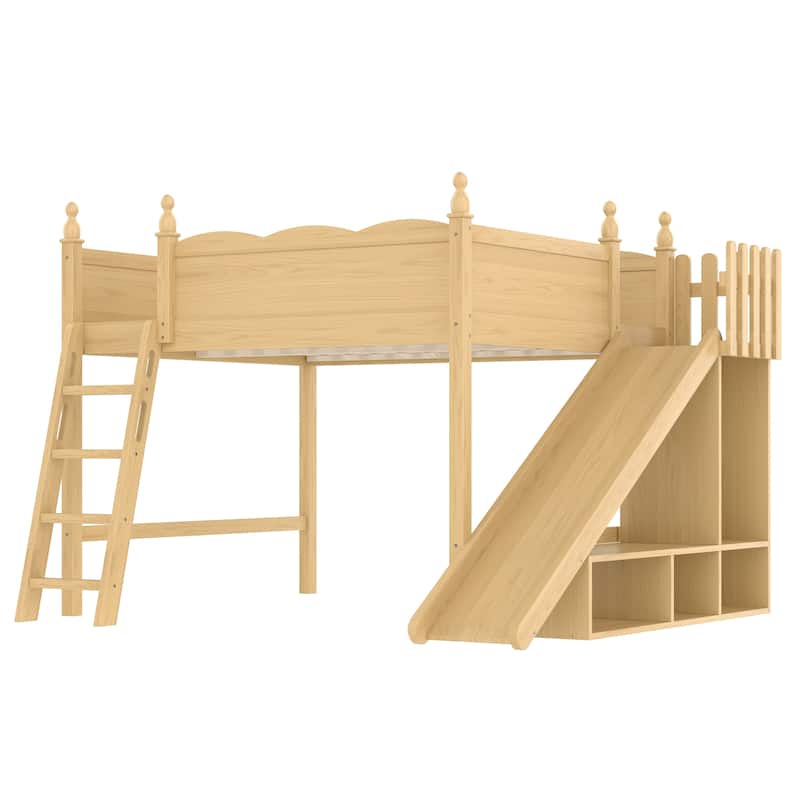 Queen/Full Size Solid Wood Loft Bed with Slide, Storage Shelves, Cabinet, Ladder & Play Area, No Box Spring Needed