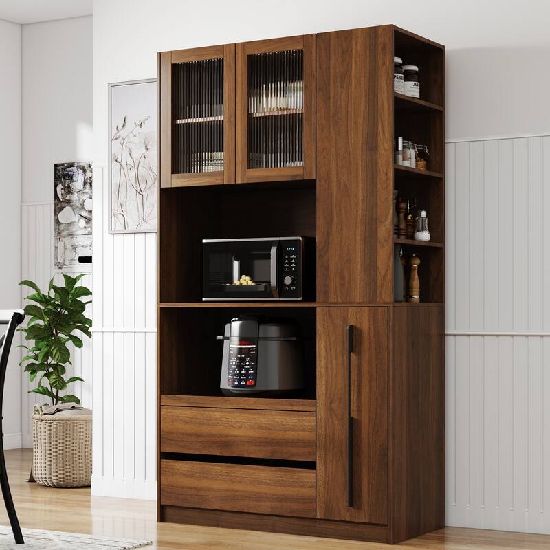 Roomfitters Kitchen Pantry Cabinet with Pull-Out Storage Shelf, Microwave Stand and 2 Drawers, Freestanding Food Hutch, Walnut