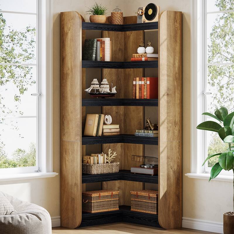 Corner Bookshelf, 6-Tier Bookcase with Storage for Home Office - Brown+Black
