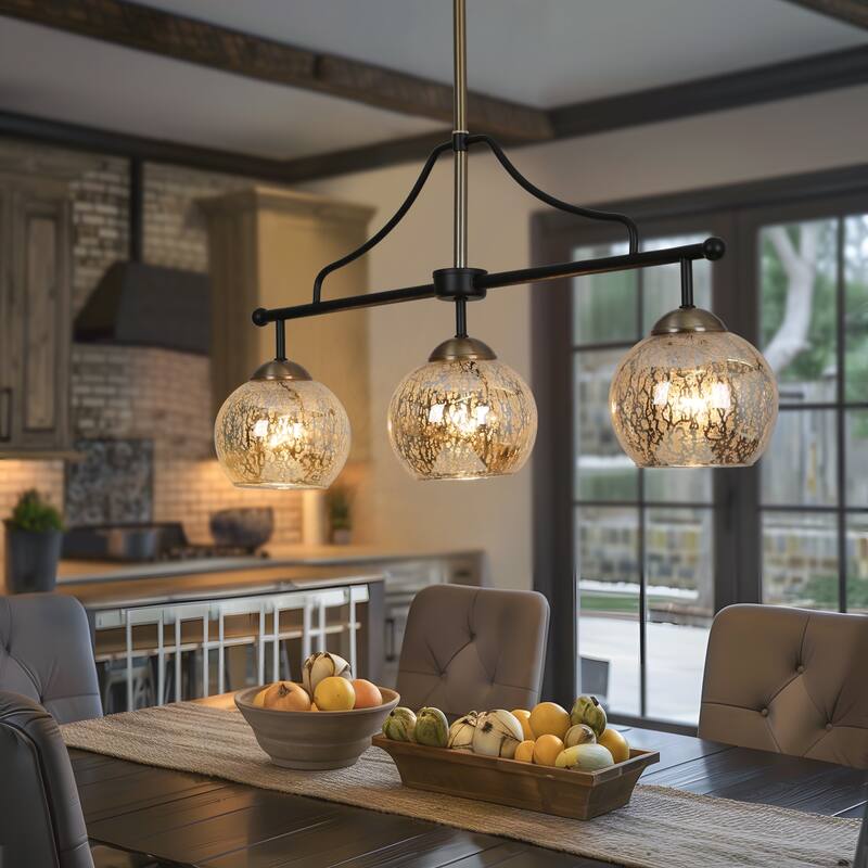Ziv Modern 3-Light Black Gold Chandelier Linear Island Lights with Mercury Glass - 28.5" L x 5.5" W x 13" H