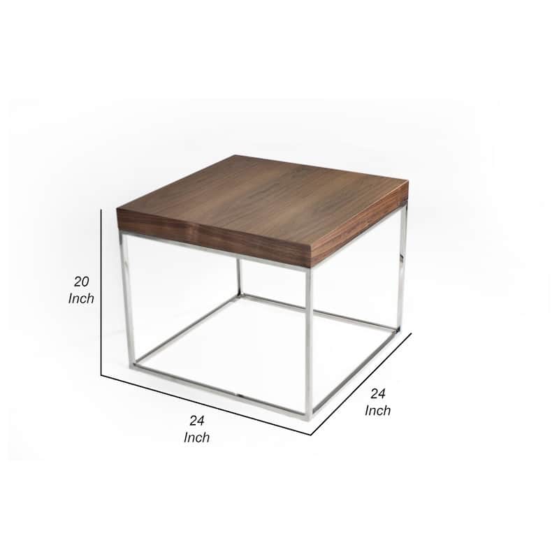 24 in. Brown and Chrome Square Wood End Table, Sturdy Build End Side Table for Living Rooms