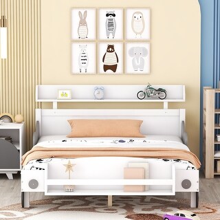 Nordic Full Size Car-Shaped Platform Bed w/ Storage Shelf Creative Upholstered Bed Frame No Box Spring Required, Space-Saving