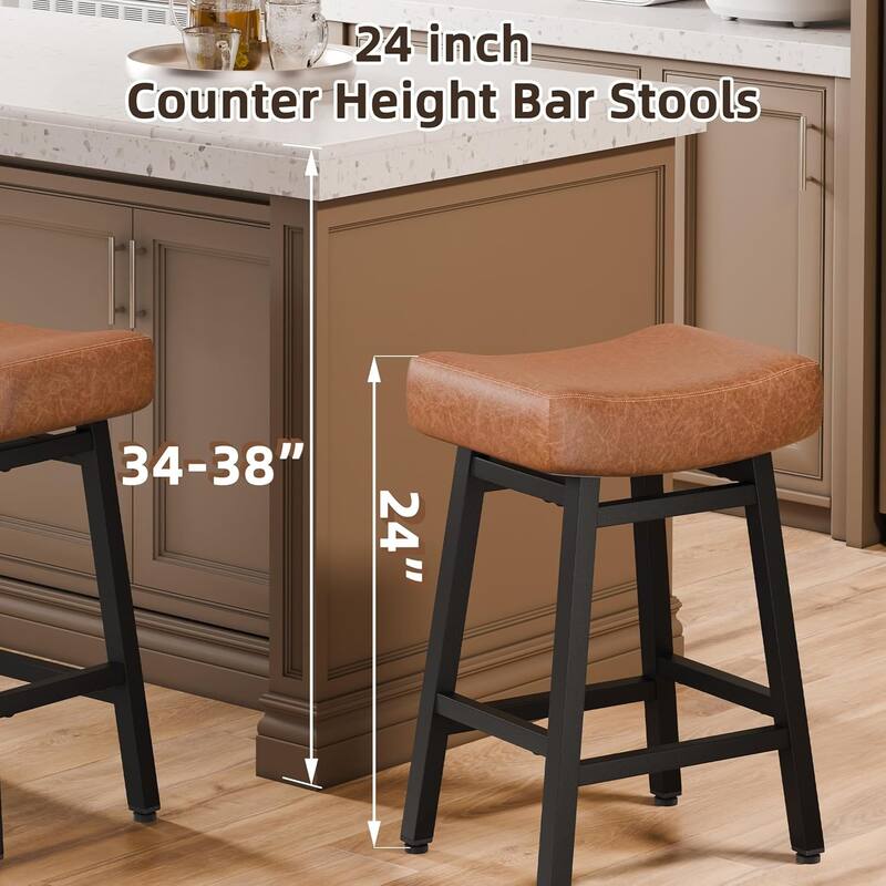 XINMICS 24 Inches Bar Stools, Saddle Kitchen Stools with PU Leather Cushion Counter Height Barstools for Kitchen Dining Cafe
