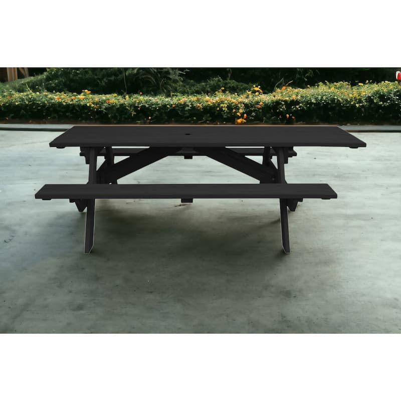 HomeRoots 94" Charcoal Solid Wood Outdoor Picnic Table with Umbrella Hole - Charcoal