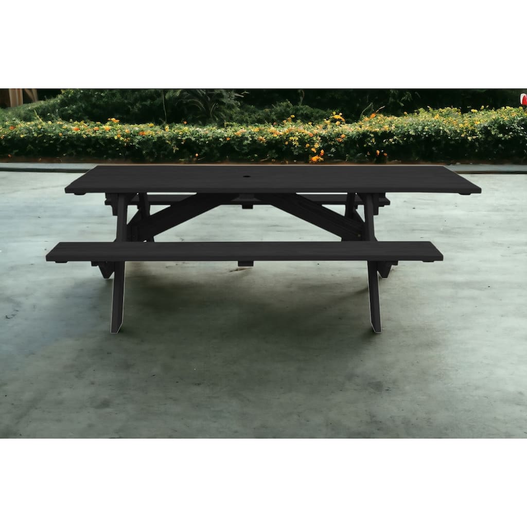 HomeRoots 94" Charcoal Solid Wood Outdoor Picnic Table with Umbrella Hole