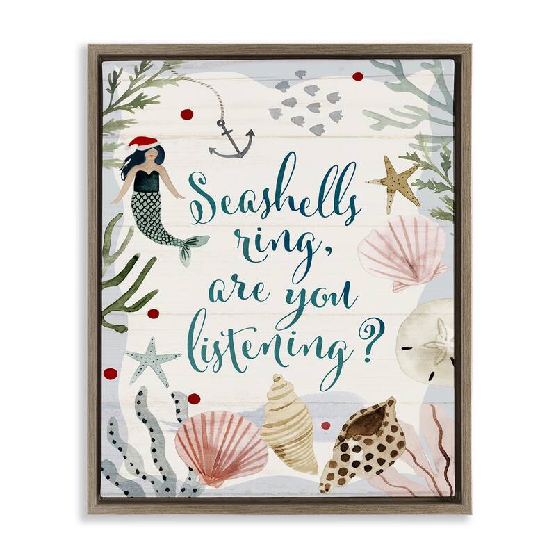 Stupell Seashells Ring, You Listening Phrase Nautical Beach Christmas Floater Frame - Off-White - 25 x 31 - Brown