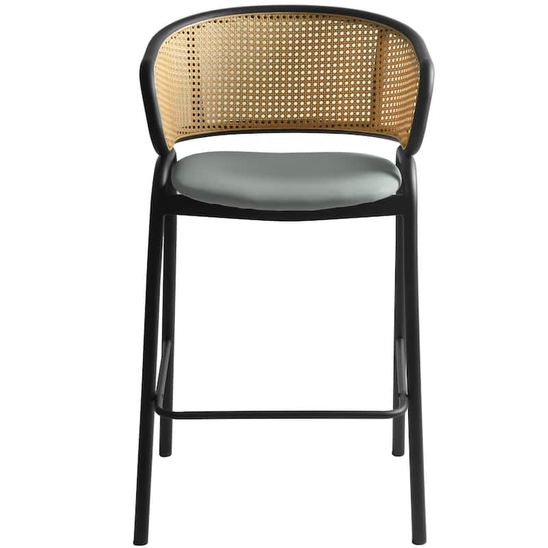 LeisureMod Ervilla Modern Wicker Leather Bar Stool with Curved Back & Stainless Steel Frame for Home & Kitchen