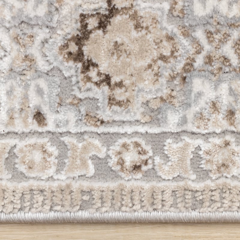 Cream Beige Grey Traditional Medallion Indoor Area Rug,