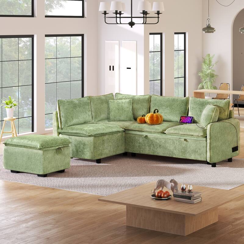 Convertible Sleeper Sofa Bed with Storage Ottoman, L-Shaped Sectional Sofa with 2 Pillows, 2 Power Sockets & 2 USB Ports