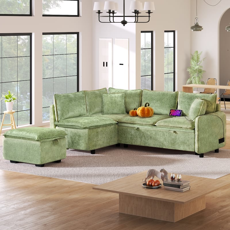 L-Shaped Pull Out Sleep Couch Bed with Storage Ottoman and 2 Pillows, 82.67" Sectional Sofa with 2 USB Ports - Green