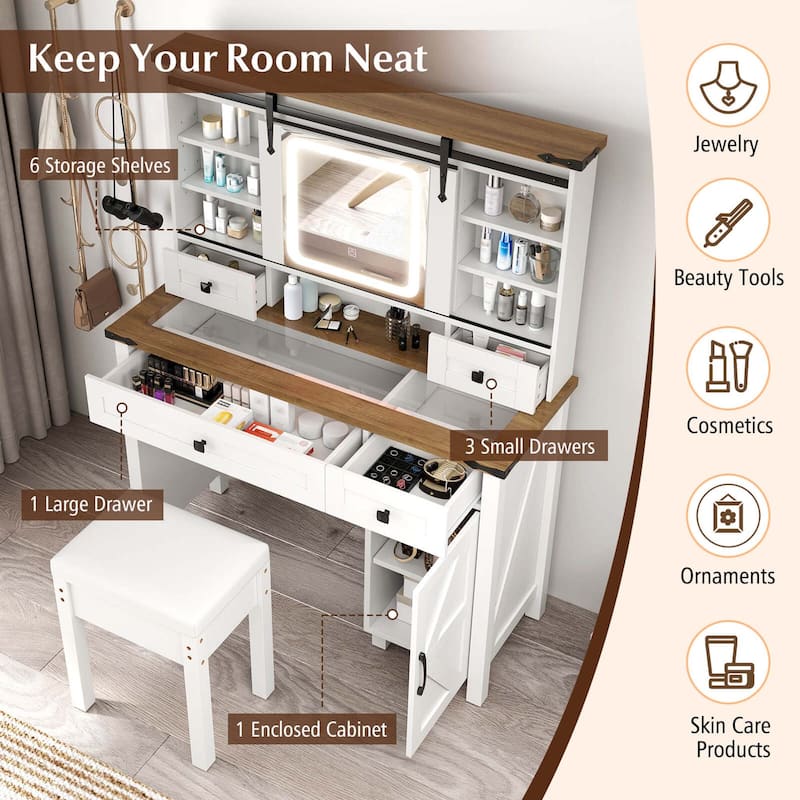 Costway Farmhouse Vanity Desk with Sliding Mirror Makeup Vanity Table - See Details