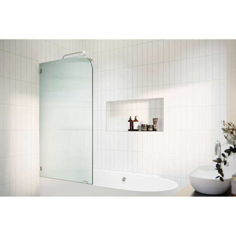 Aurora 58.25 in. x 30 in. Frameless Bath Shower Door - Single Fixed Panel Fluted Frosted Radius Left Hand - Brushed Nickel