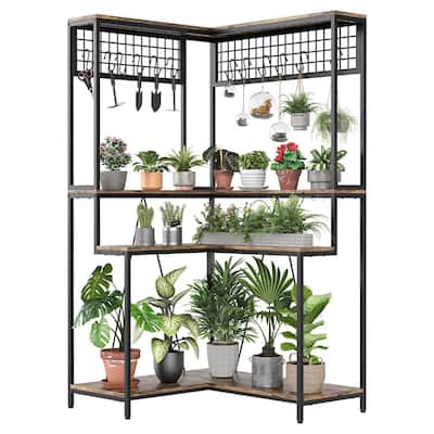Multi-Purpose Corner Plant Shelf with Hanging Hooks - N/A