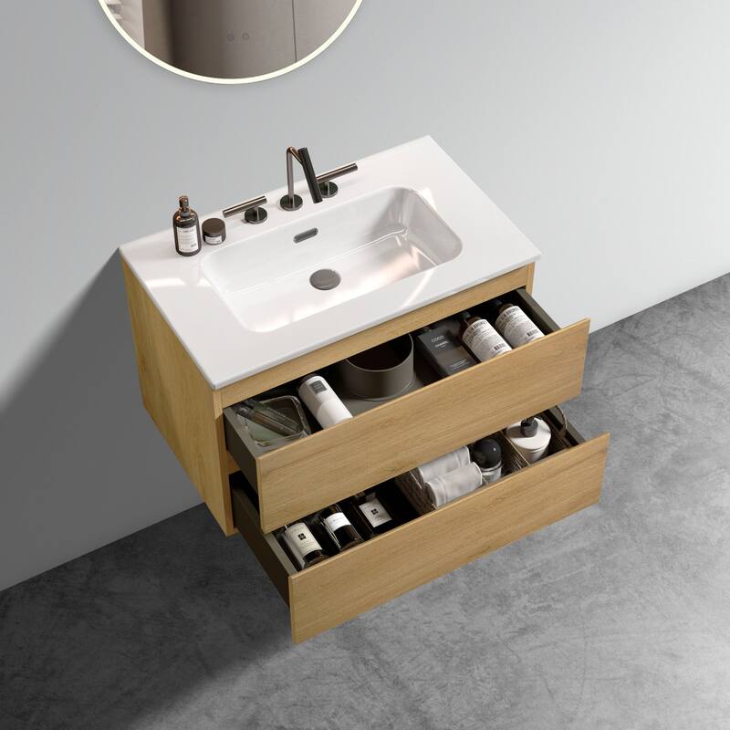 36-Inch Wall Mount Bathroom Vanity in Space Grey with Ceramic Sink, Large Storage
