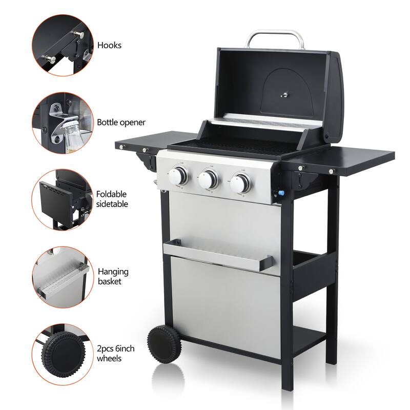 3-Burner Propane Gas BBQ Grill, 25650BTU Output With Wire Enamel Cooking Grids For Outdoor Barbecue, Foldable Side Table