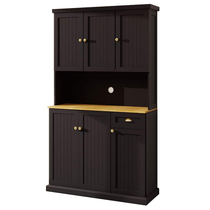 White Wood 39.76 in. Pantry Cabinet with Adjustable Shelves - Black