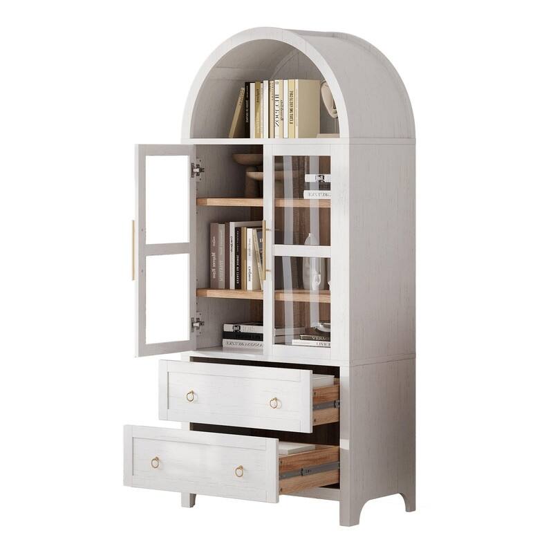 Farmhouse 71" Tall Arched Kitchen Pantry Cabinet with 2 Large Drawers, Modern Kitchen Storage Cabinets with Adjustable Shelves