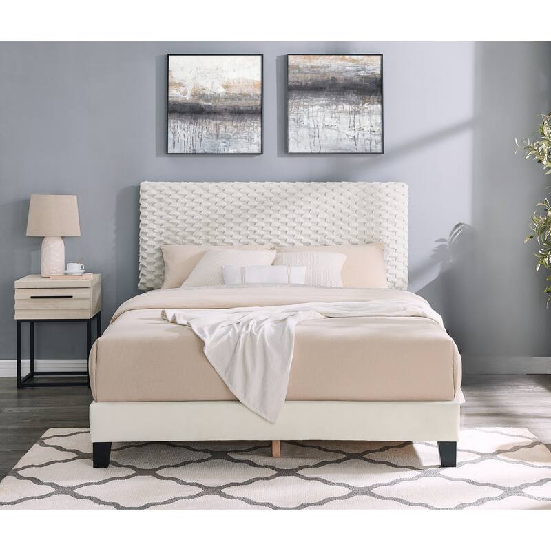 Full Size MDF Height-Adjustable 3D Upholstered Platform Bed Set with Storage Nightstand and No Box Spring Required - Off White