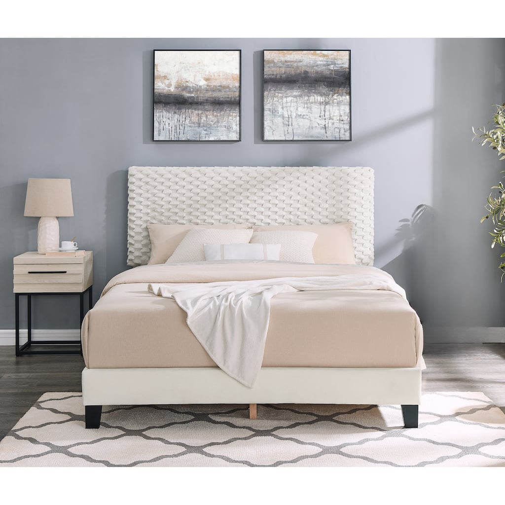 Full Size MDF Height-Adjustable 3D Upholstered Platform Bed Set with Storage Nightstand and No Box Spring Required