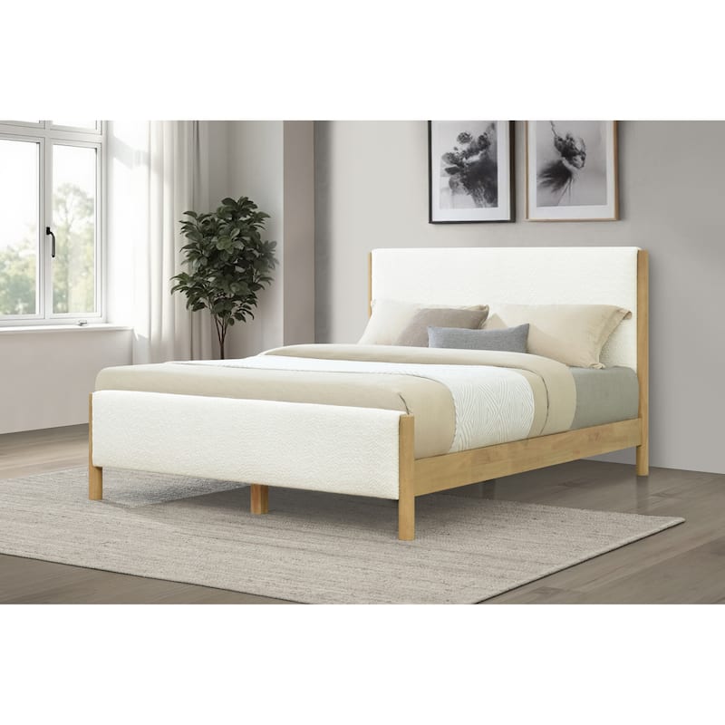 Boucle Upholstered Bed with Rubberwood Legs, Modern Platform Bed with Headboard, Queen/King Scandinavian Bed Frame for Bedroom