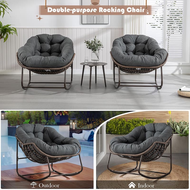 Outdoor Padded Cushion Rocking Chair, Patio Oversized Rattan Egg Chair