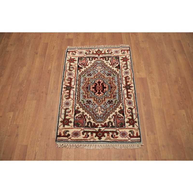 Hand Knotted Oriental 100% Wool Carpet Traditional Medallion Navy Blue & Blues Heriz (serapi) Area Rug - 3' 0'' X 2' 0''