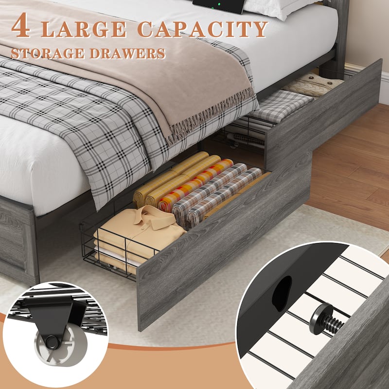Full-size Storage Bed Frame with Storage Headboard (4 Storage Drawers on Bed Body + LED Lighting), Sturdy Metal Slat Base