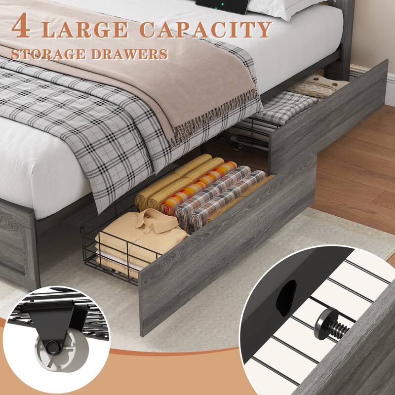 Queen-size Storage Bed Frame with Storage Headboard (4 Storage Drawers on Bed Body + LED Lighting), Sturdy Metal Slat Base, Grey