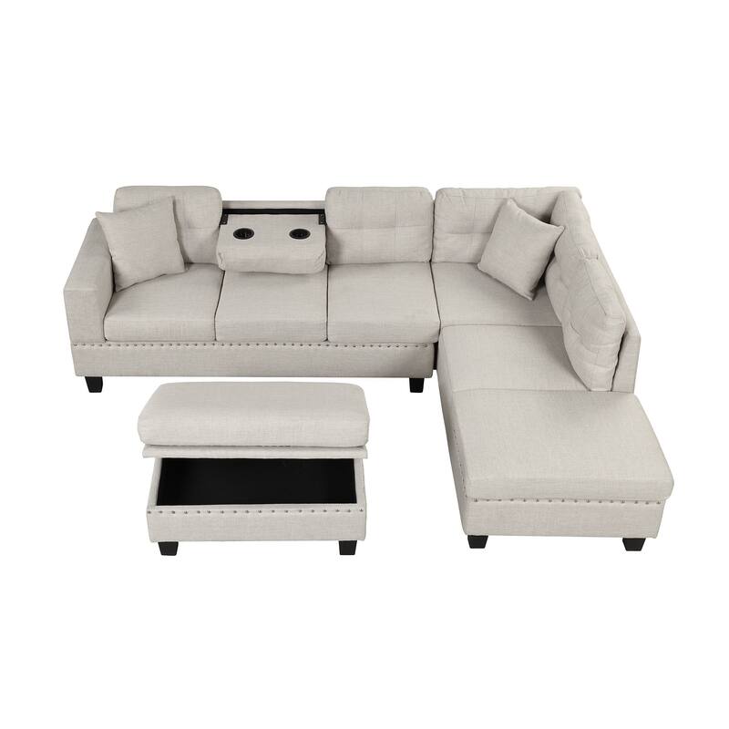 105.1" Velvet L-Shaped Sectional Sofa with Ottoman & Cup Holders