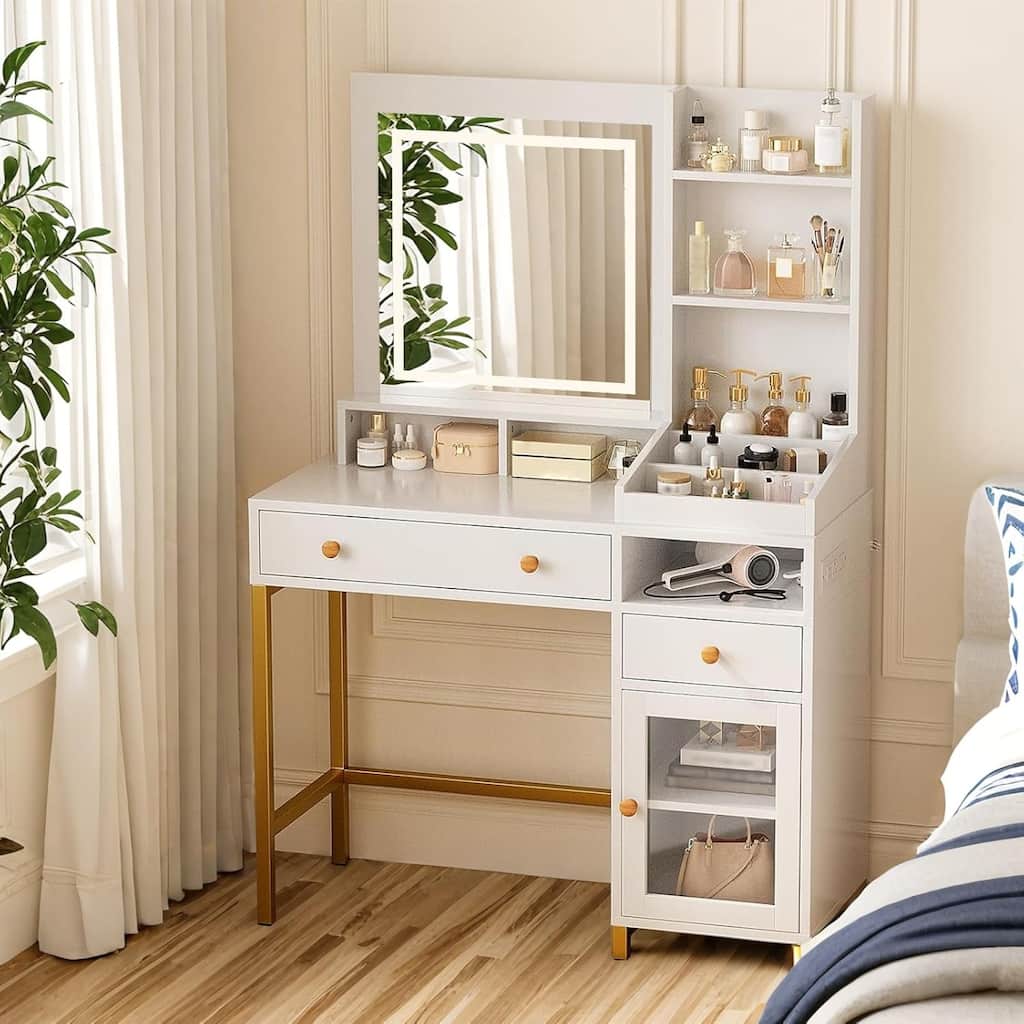 Vanity Desk with Lighted Mirror & Power Outlet, Makeup Table with 2 Drawers, Cabinet & Shelves for Bedroom