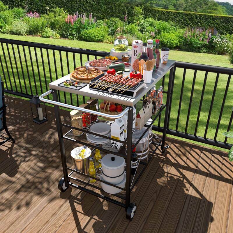VEIKOUS Outdoor Patio Grilling Backyard BBQ Grill Cart with Stainless Steel Top - Black - Stainless Steel