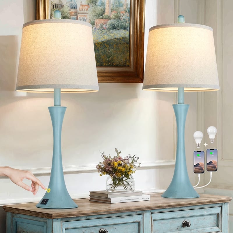Set of 2 Modern 26-Inch Table Lamps with Dual USB Charging Ports and Oatmeal Fabric Shades - 12'' x 12'' x 27.5''