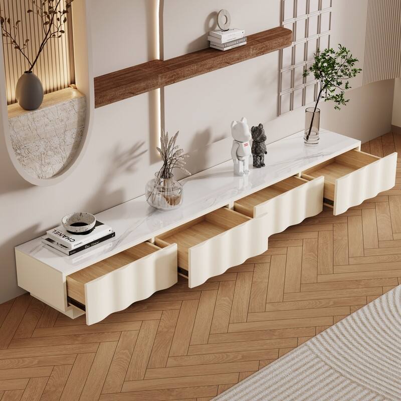 Modern Cream TV Stands with 3-6 Drawers, White Media Console with Glossy Sintered Stone Tabletop
