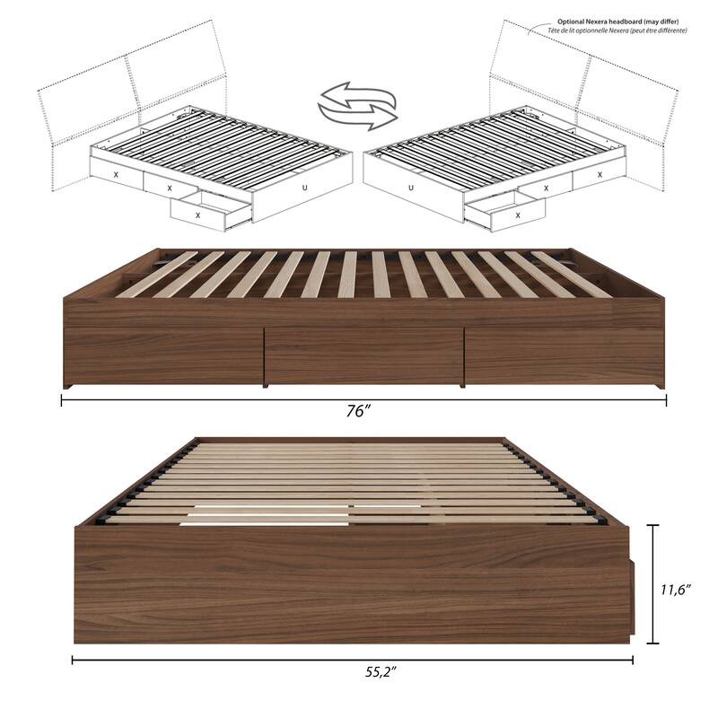 Nexera Bed Frame with 3-Drawer Storage, Reversible, Brown