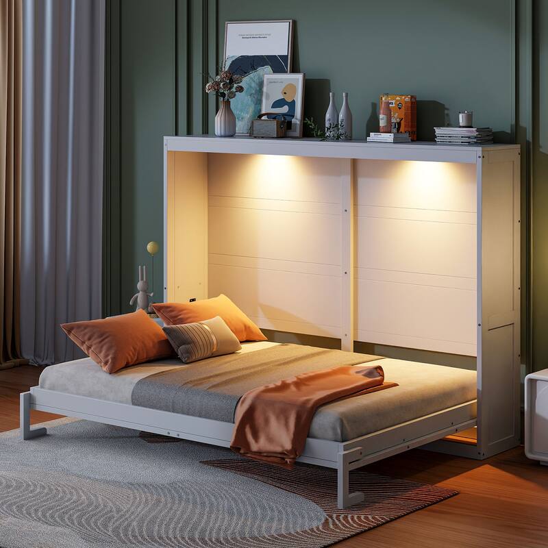 White Queen Murphy Bed with LED Lighting, Modern Wall Bed, No Box Spring Needed