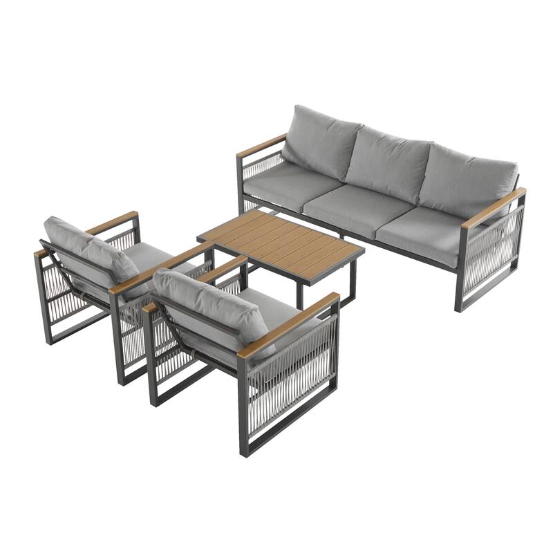 Roomfitters 4 Piece Outdoor Patio Set Metal Frame Rope Woven Deep Seating Sofa, Natural Gray