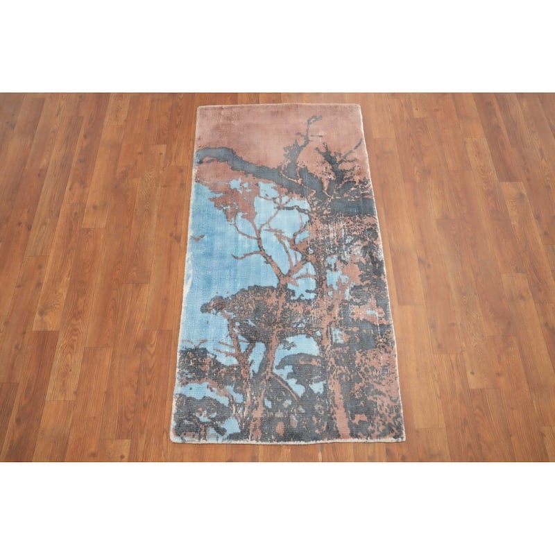 Hand Knotted Oriental Viscose Silk Carpet Modern Abstract Multi-Colored Abstract Area Rug - 4' 0'' X 2' 0''