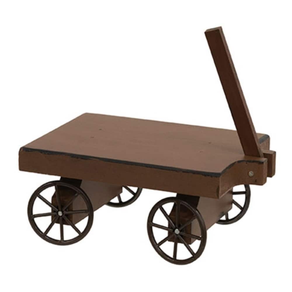 Rustic Brown Wooden Wagon Decor with Metal Wheels and Distressed Finish for Farmhouse Displays - 3" H x 7" W x 4.5" D