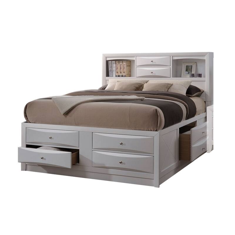8 Drawer Eastern King Bed with Bookcase Headboard and Round Knobs, White