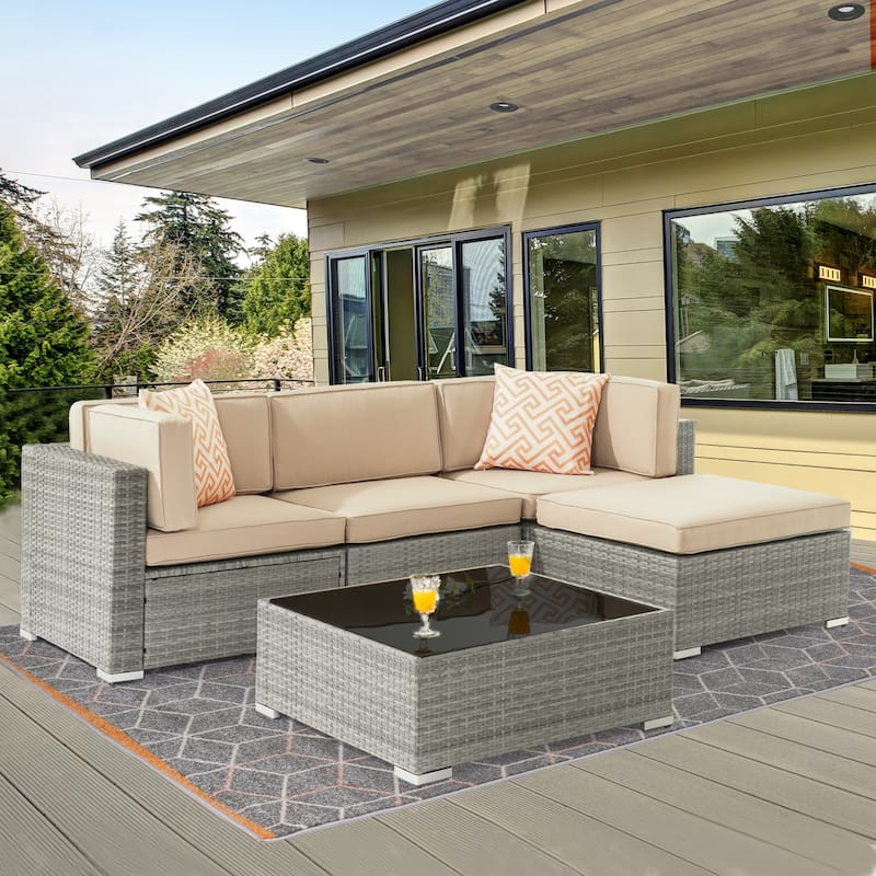 BONOSUKI 5-Piece Outdoor Brown/Gray PE Wicker Patio Conversation Sets, Swivel Rocking Sofa Set with Cushions and Ottomans