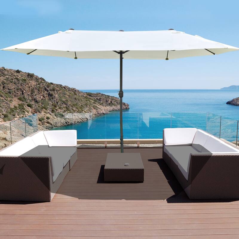 Rectangular 2-Sided Outdoor Umbrella Patio Parasol with Base Sun Protection Crank Handle, for Deck Pool Patio, Beige - Beige