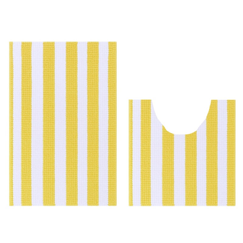 2 Piece Set Yellow White Stripe Soft Cozy Plush Chenille Bath Mat Bathroom Rug