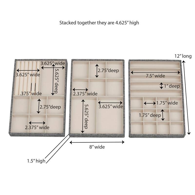 Household Essentials Sturdy Chipboard 3-Tier Jewelry Tray with Polyester Linen Wrap
