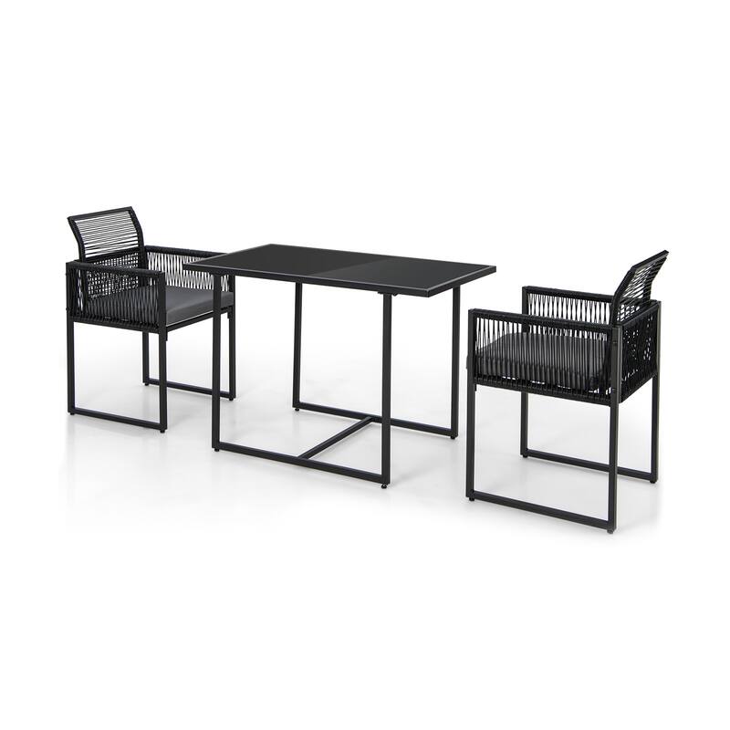 3 Pieces Outdoor Dining Set with Folding Backrest and Seat Cushions-Black - 20.5" x 20.5" x 33.5" - black-grey