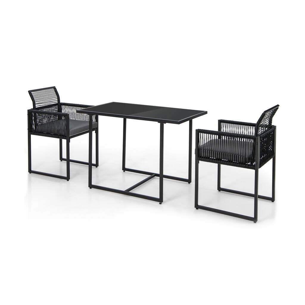 3 Pieces Outdoor Dining Set with Folding Backrest and Seat Cushions-Black - 20.5" x 20.5" x 33.5"