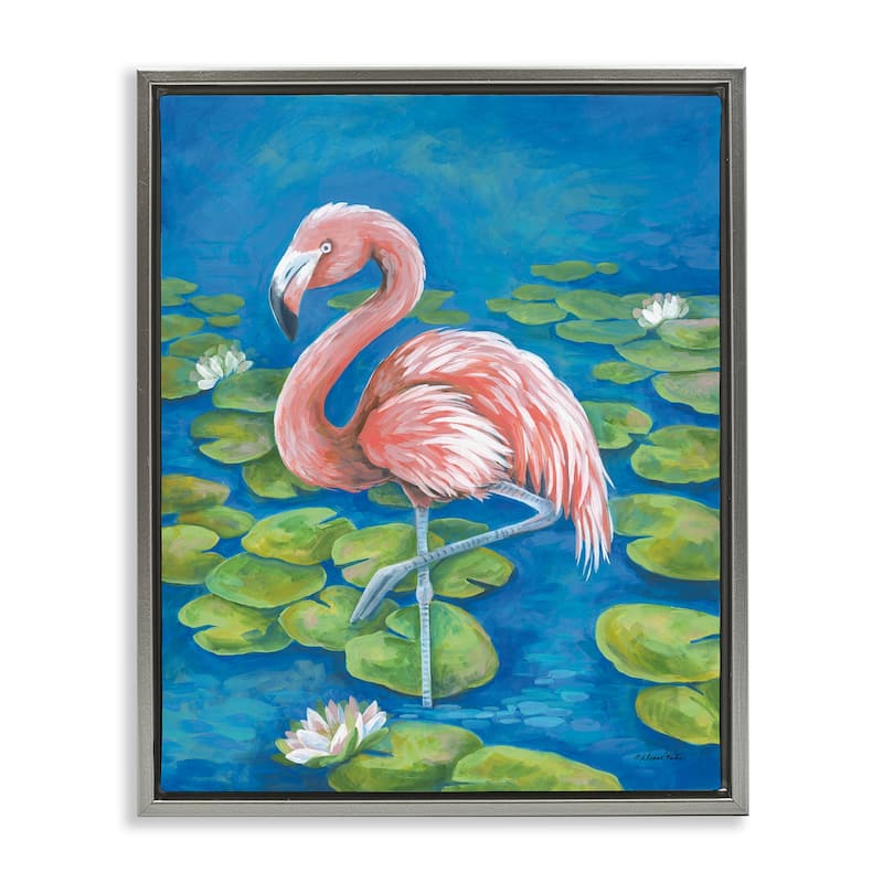 Stupell Balancing Flamingo & Lily Pads Framed Floater Canvas Wall Art Design By Diane Kater - 25 x 31 - Grey