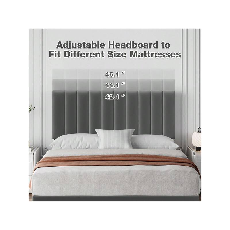 Bed Frame with Velvet Headboard Adjustable, Strong Wooden Slat Support